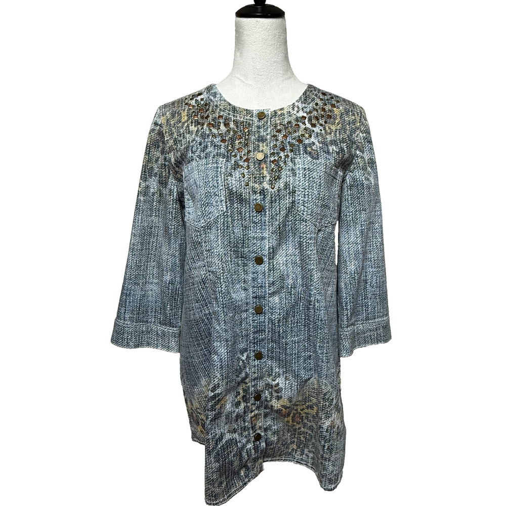 Chicos Top Tunic Dress Medium 1 Blue Brown Studded‎ Animal Print Snap